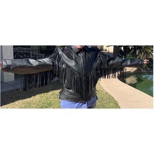 Plus Size Allstate Black Leather Fringed Jacket with Rose 3XL